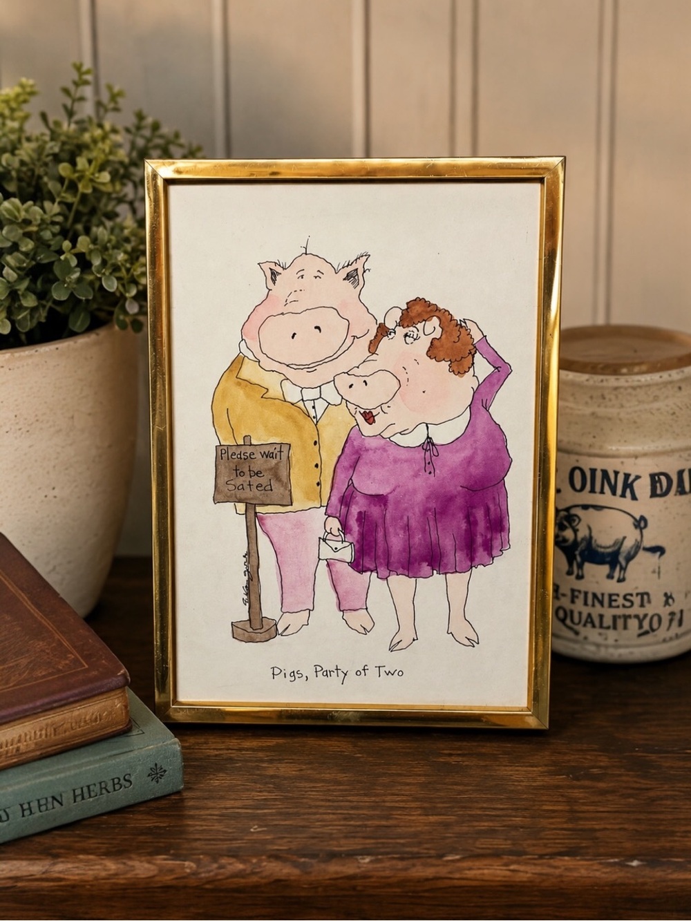 Vtg Signed Pig Cartoon Watercolor Art Print Framed “Pigs, Party Of Two” Humor 8"